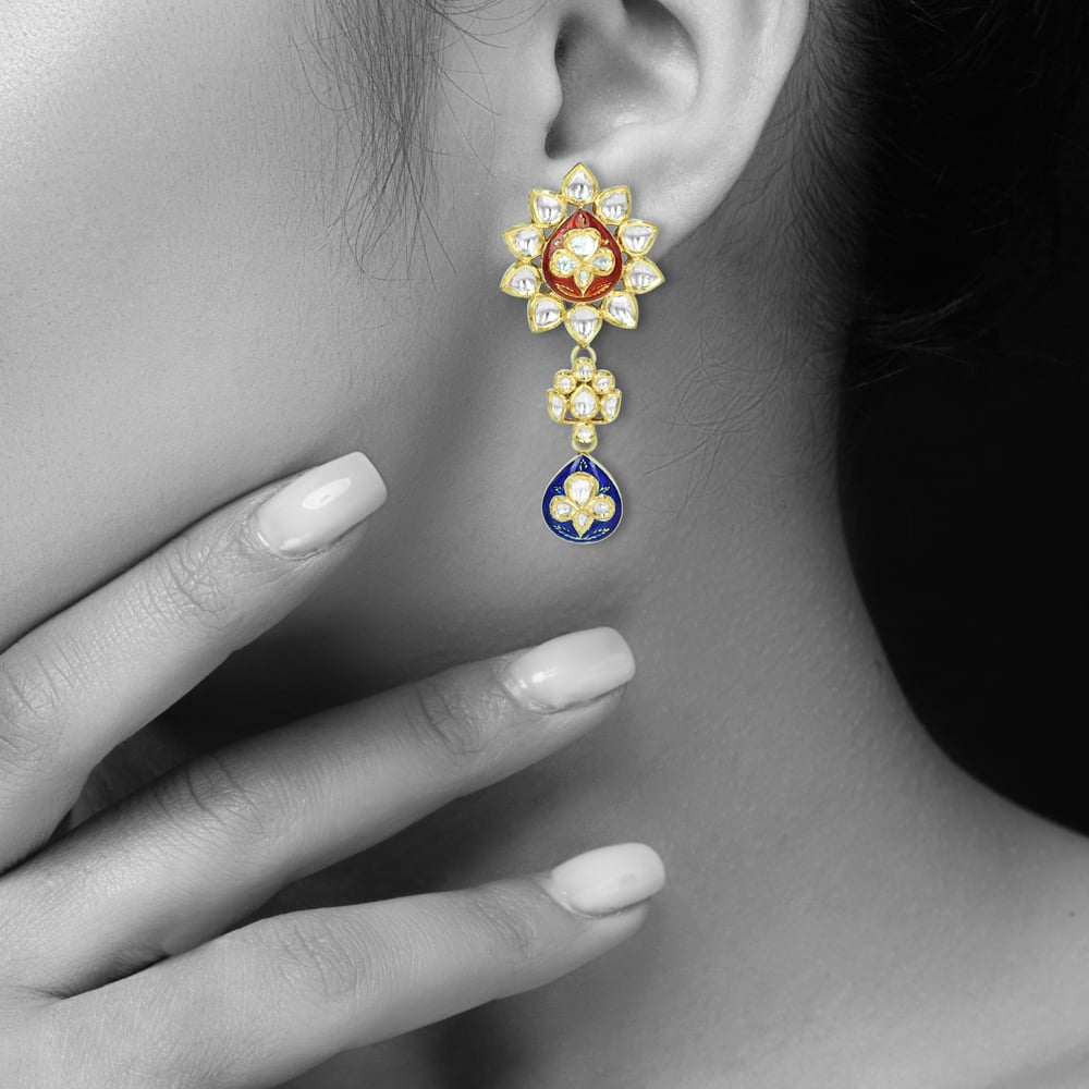 Floral Polki Earrings with Red and Blue Enamel